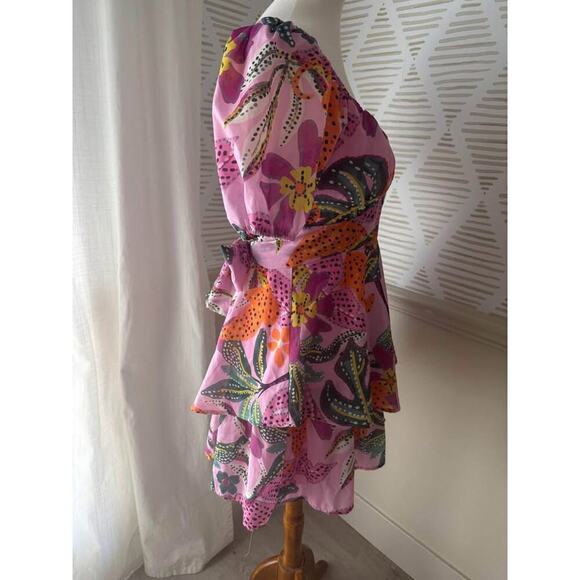 Crystal Sky Women’s Medium Tropical Print Puff Sleeve Tie Back Mini Dress - Picture 6 of 6